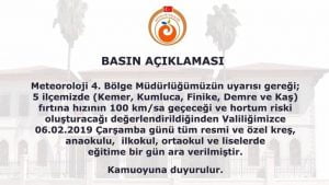 Antalya Valiliği olumsuz hava şartları nedeniyle 5 ilçede eğitime bir
